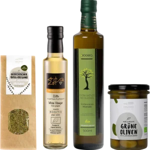 Weihnachts-Präsentkorb „Griechischer Salat“ (1x Olivenöl + 1x Mandarinenessig + 1x Grüne Oliven + 1x Oregano)